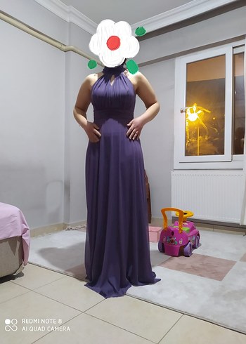 Mor Drapeli Uzun Halter Yaka Abiye Elbise - Görsel 2