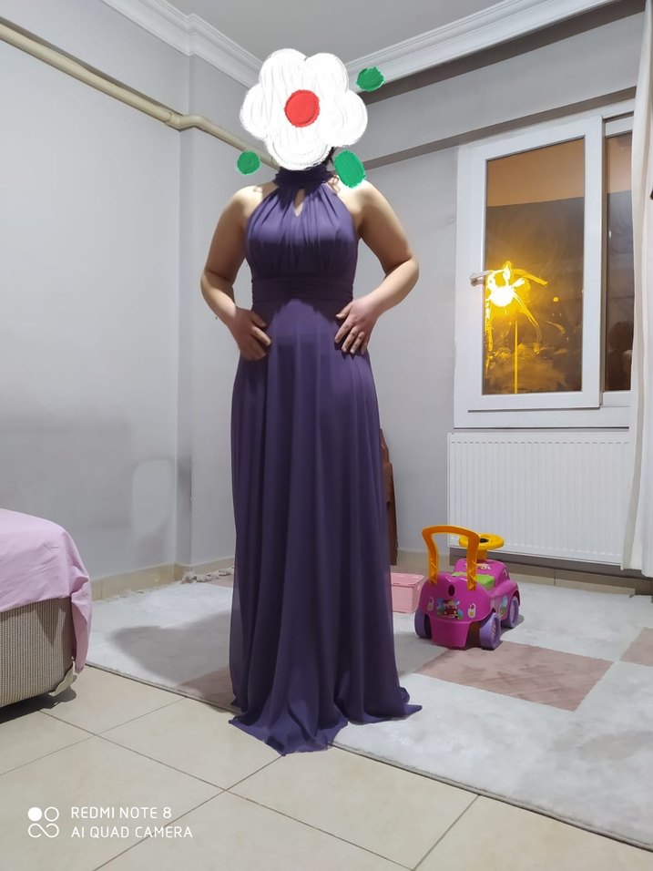 Mor Drapeli Uzun Halter Yaka Abiye Elbise - Görsel 2