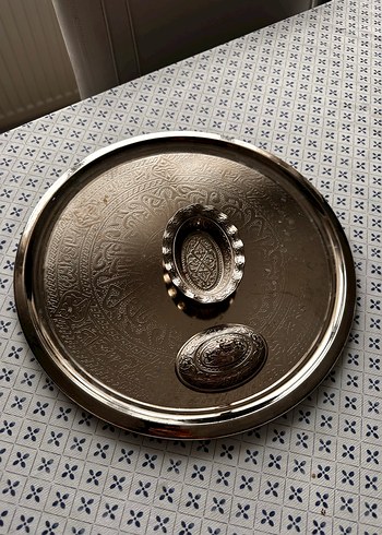 Gri İşlemeli Parlak Metal Tepsi ve lokumluk - Görsel 4