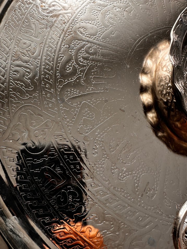 Gri İşlemeli Parlak Metal Tepsi ve lokumluk - Görsel 3