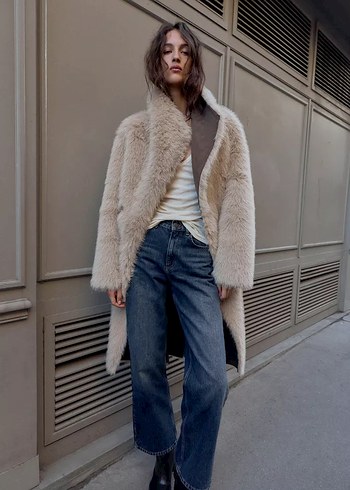 Orijinal zara Kürk Detaylı Kahverengi Süet Kadın Kaban - Görsel 2