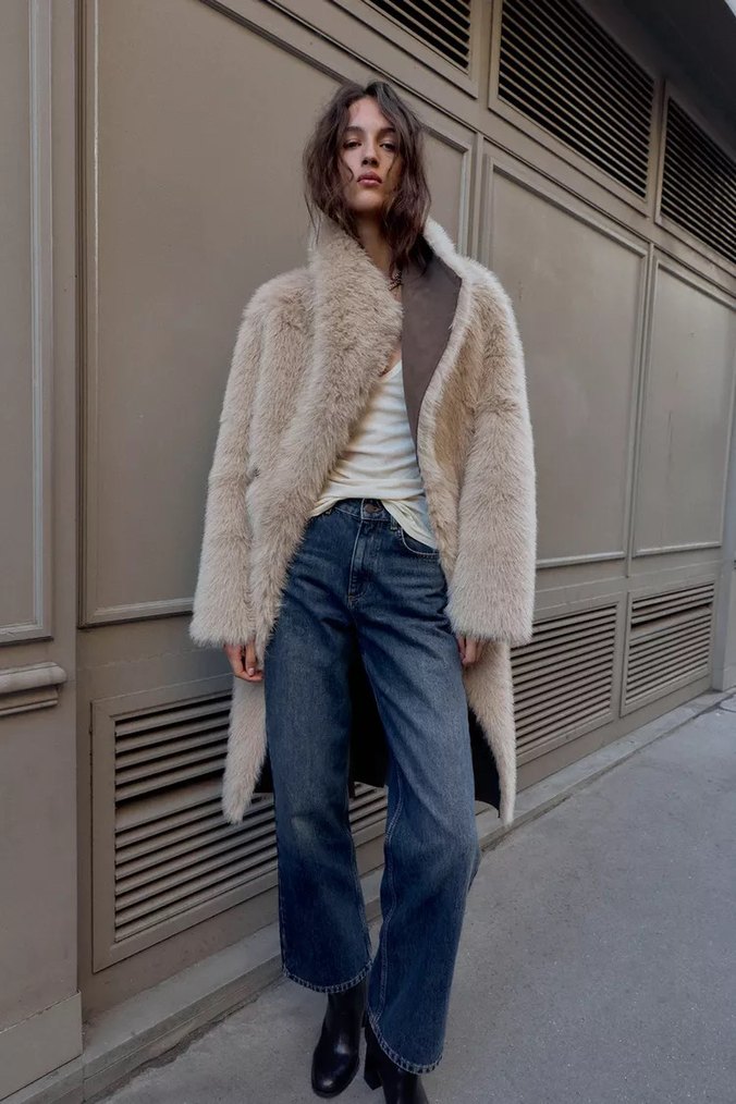 Orijinal zara Kürk Detaylı Kahverengi Süet Kadın Kaban - Görsel 2