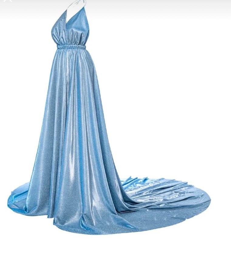 Işıltılı Mavi, Drapeli Uzun Kadın Elbise - Görsel 2