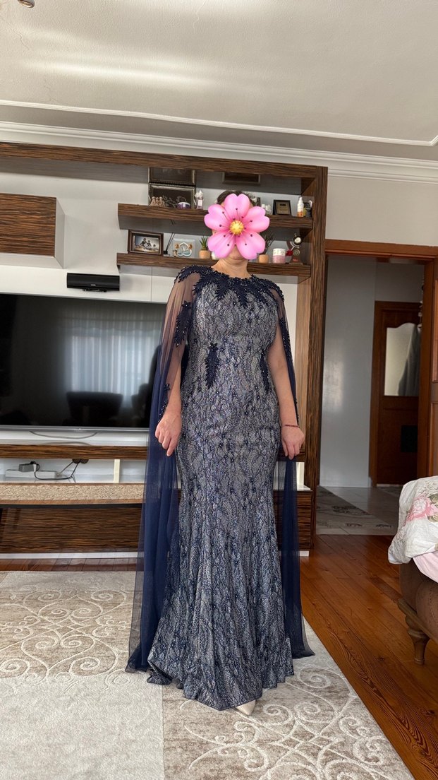 Uzun Kollu V Yaka Gri Drapeli Abiye Elbise - Görsel 3