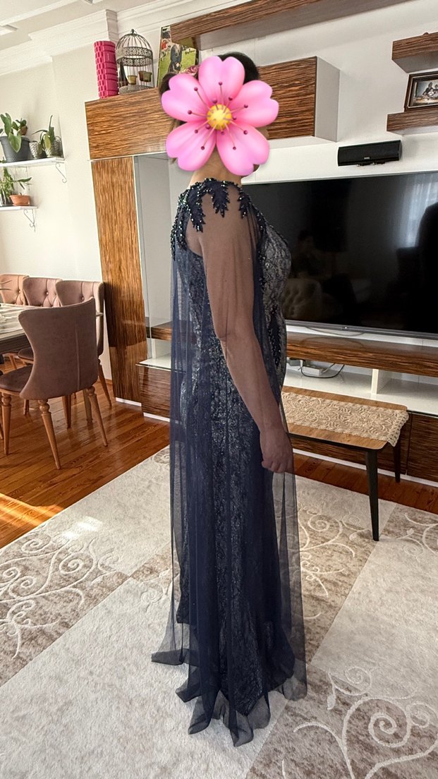 Uzun Kollu V Yaka Gri Drapeli Abiye Elbise - Görsel 2