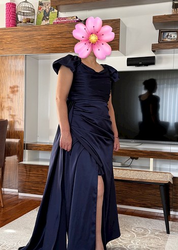 Kadın Lacivert Uzun Drapeli Abiye Elbise - Görsel 2