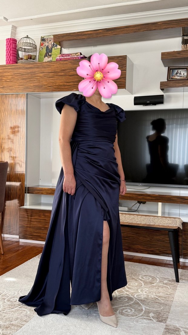 Kadın Lacivert Uzun Drapeli Abiye Elbise - Görsel 2