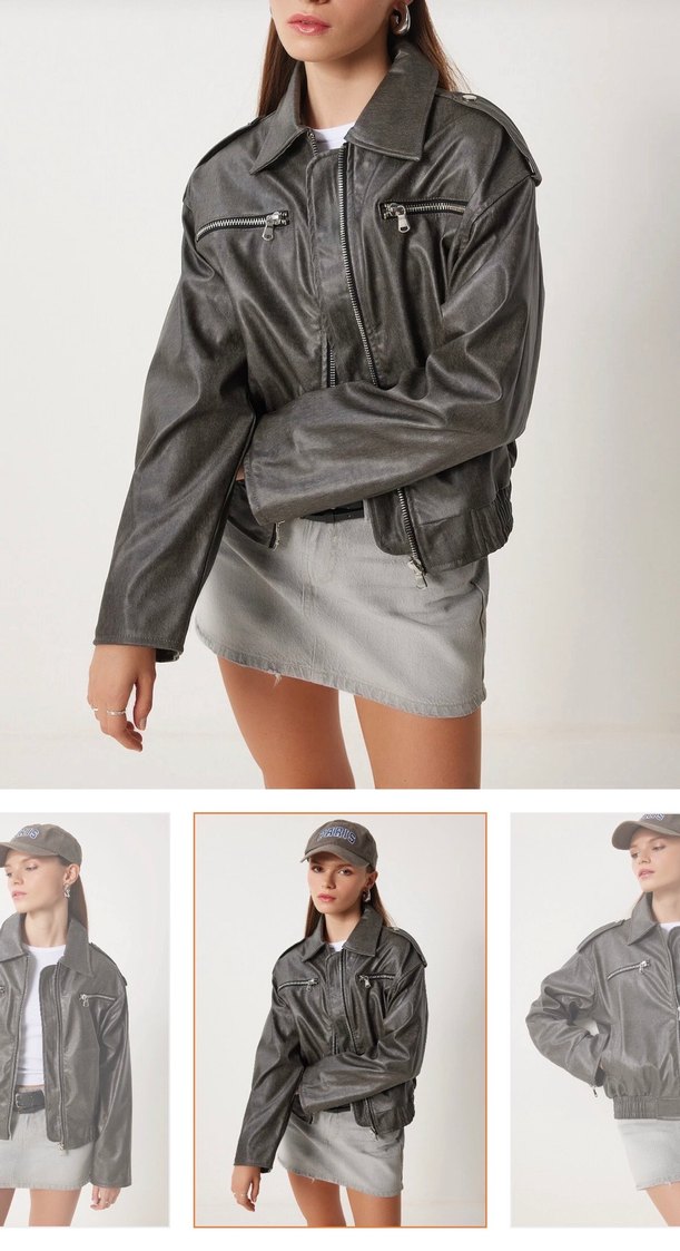 Gri Deri Kemerli Street Style Ceket - Görsel 2