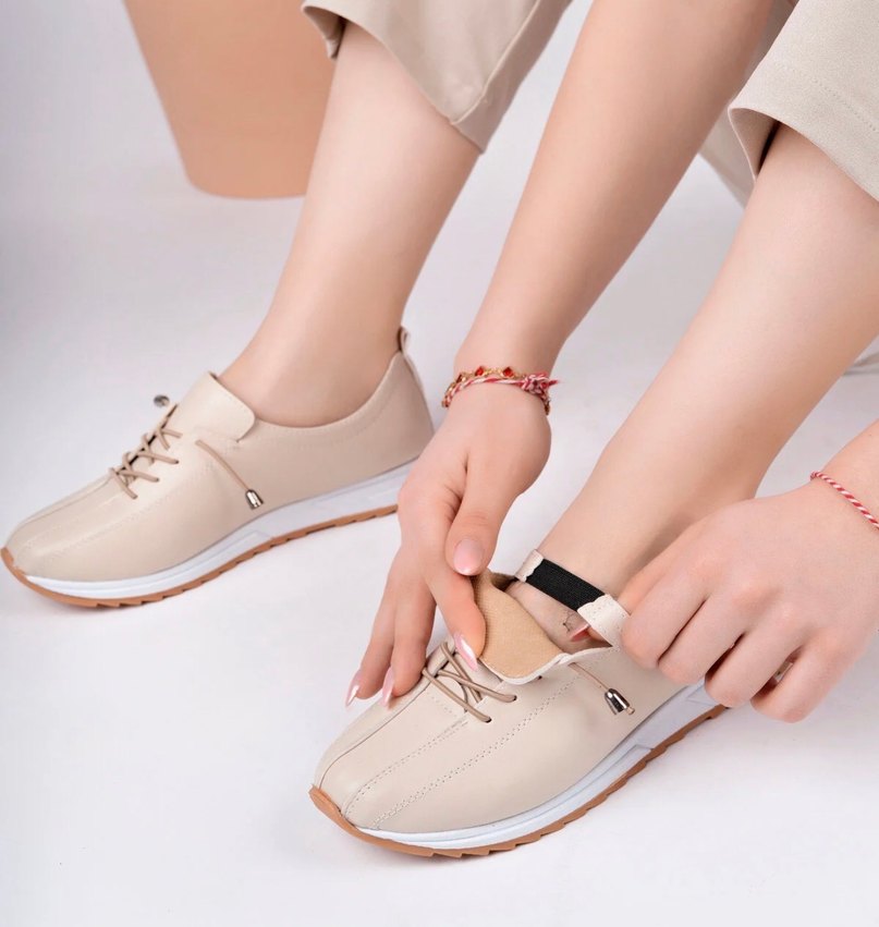 Bej Bağcıklı Kadın Spor Ayakkabı - Görsel 3