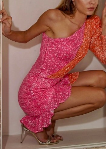 Parlak Pembe Drapeli Straplez Mini Elbise - Görsel 5