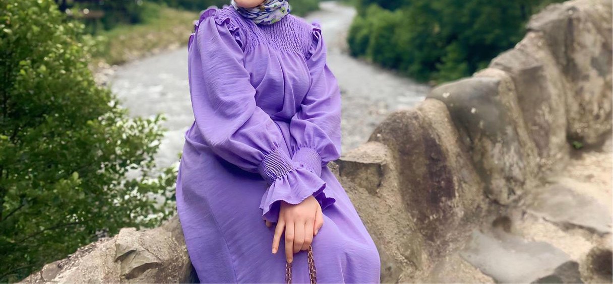 Mor Uzun Kollu Yüksek Yakalı Salaş Elbise - Görsel 2