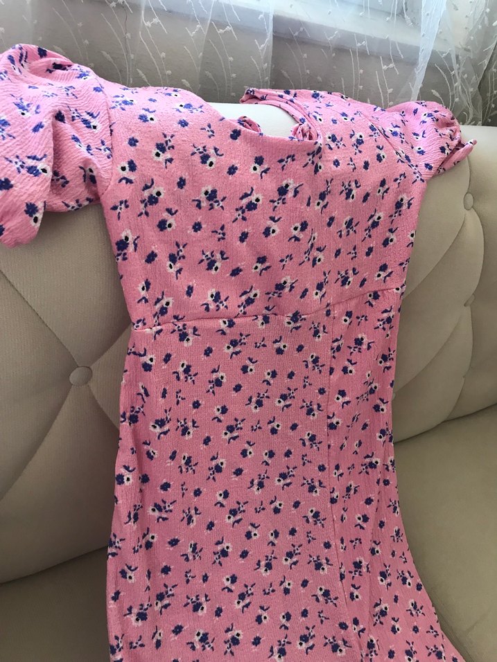 Pembe Desenli V Yaka Midi Elbise - Görsel 3