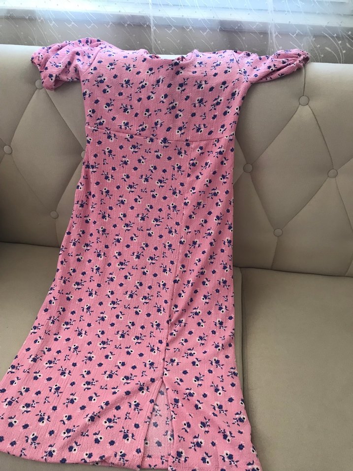 Pembe Desenli V Yaka Midi Elbise - Görsel 2