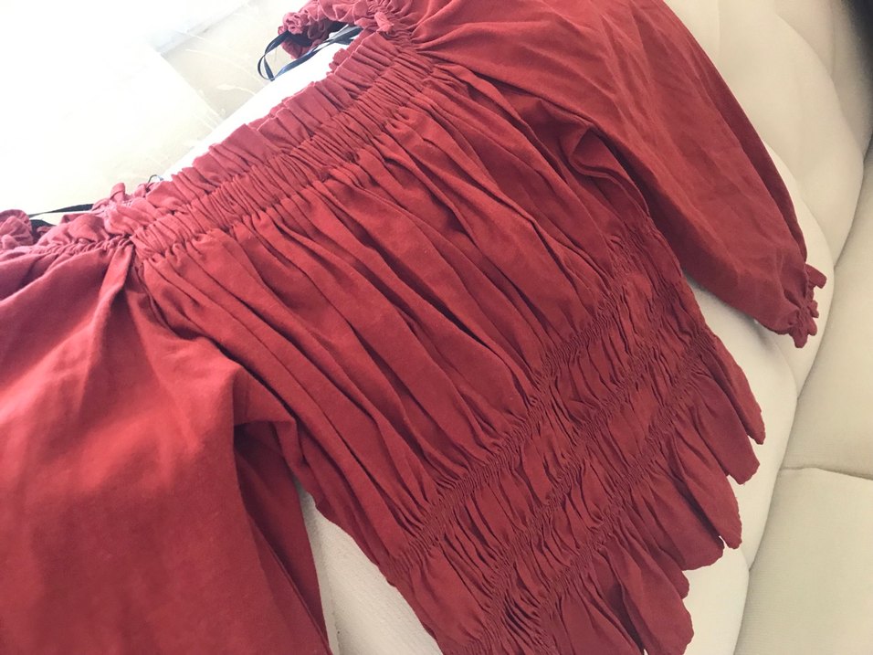 Bordo Keten Kadın Bluz, Uzun Kollu, Fırfırlı - Görsel 2