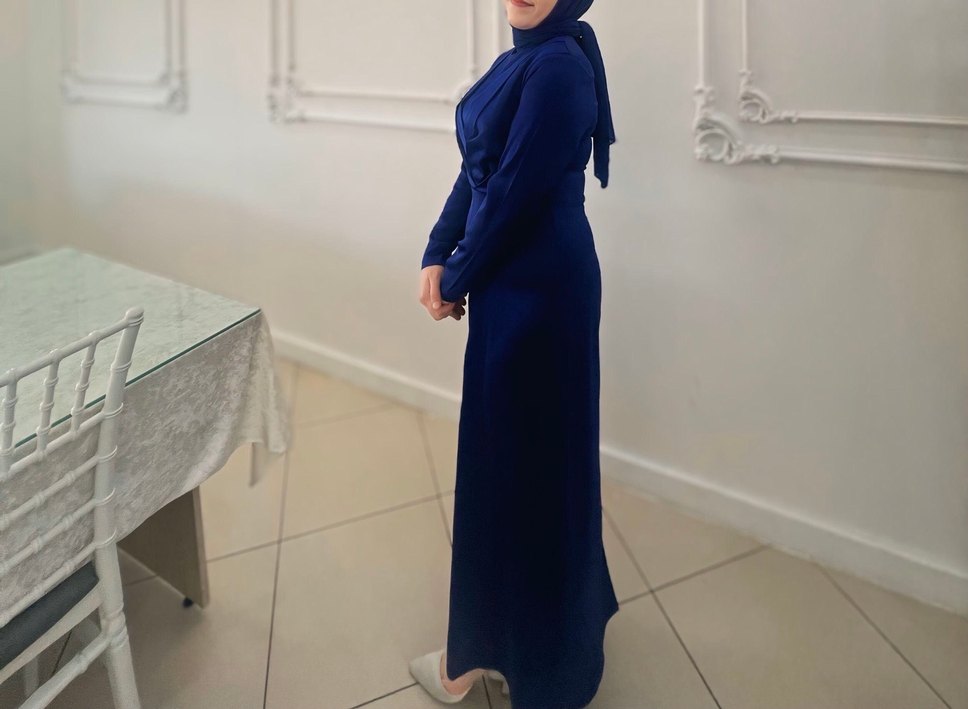 Parlak Mavi Kadın Uzun Kollu Uzun Boy Elbise - Görsel 2