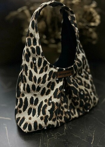 Leopar desen taşlı xxs mini el çantası 