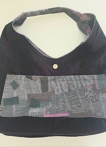  Beden Gazete baskılı Tote bag. Astarlı iç astar Çift cepli Çıtçıtlı. K