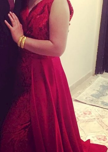 kırmızı v yaka pullu kına abiye - Görsel 7