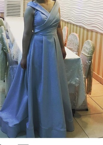 gri renk simli kalın omuz askılı hafif prenses a kesim abiye - Görsel 6