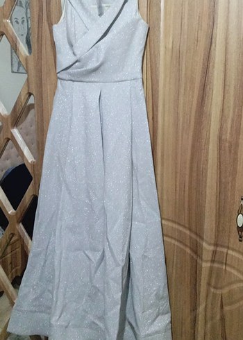 gri renk simli kalın omuz askılı hafif prenses a kesim abiye - Görsel 2