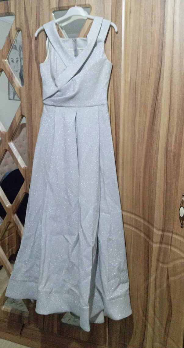 gri renk simli kalın omuz askılı hafif prenses a kesim abiye - Görsel 2