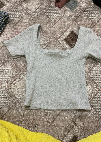 Kadın Gri Kısa Kollu Triko Crop Top