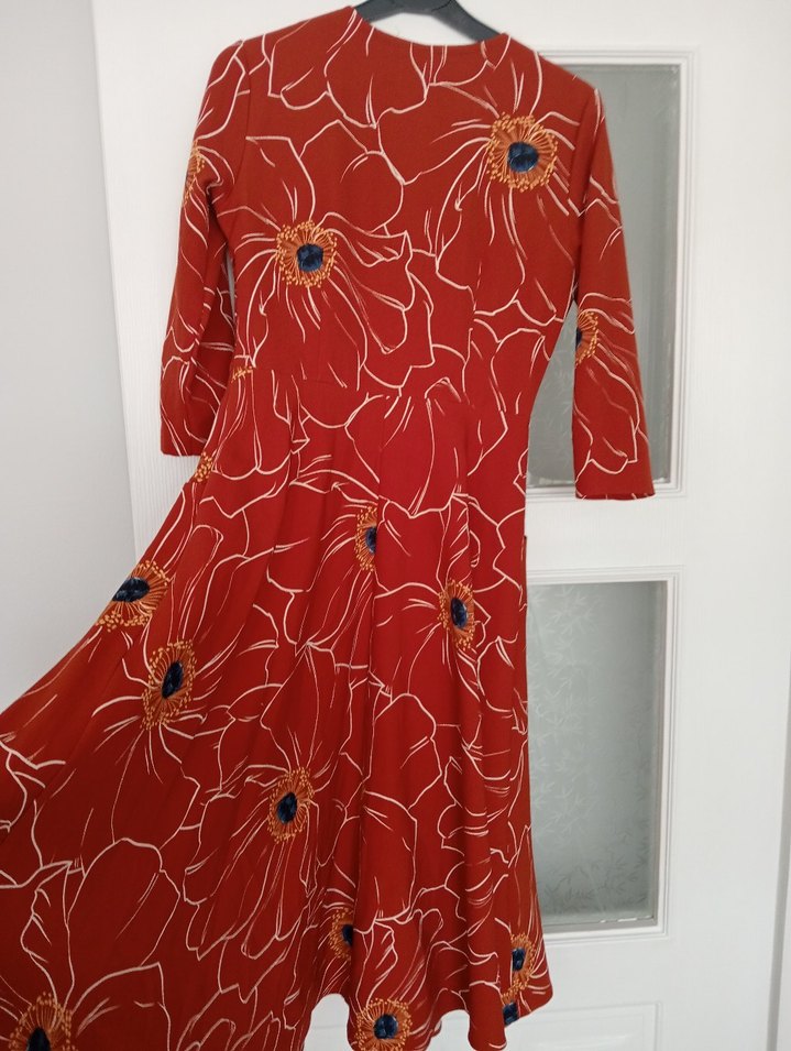 Kırmızı V Yaka Uzun Kollu Baskılı Elbise - Görsel 2