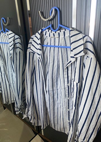 Zara Çizgili Keten Gömlek, Uzun Kollu, Salaş Kesim