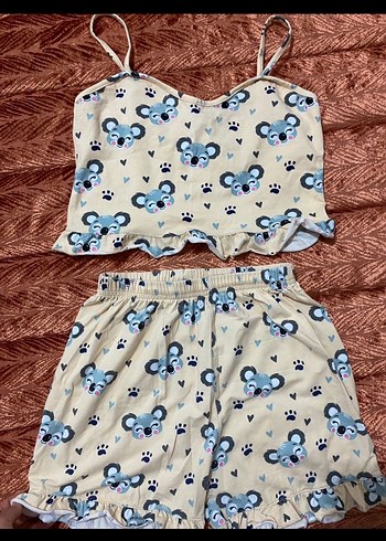 Kadın Kahverengi Ayıcık Desenli Mini Pijama Takımı