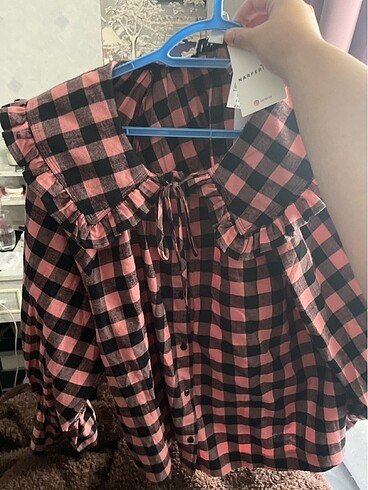 Kareli bebe yaka pembe oduncu gömlek 44 beden