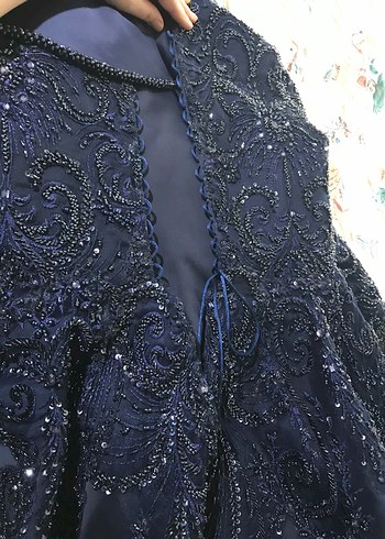 Lacivert İşlemeli Uzun Kollu Abiye Elbise - Görsel 5