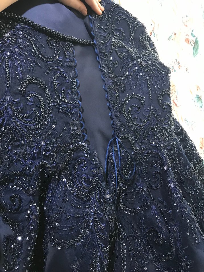 Lacivert İşlemeli Uzun Kollu Abiye Elbise - Görsel 5