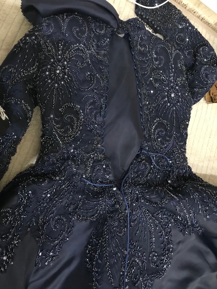 Lacivert İşlemeli Uzun Kollu Abiye Elbise - Görsel 4