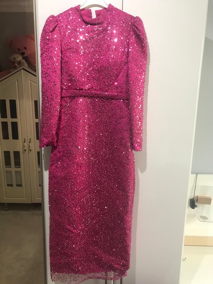 Pembe Yılan Desenli Uzun Abiye Elbise - Görsel 2