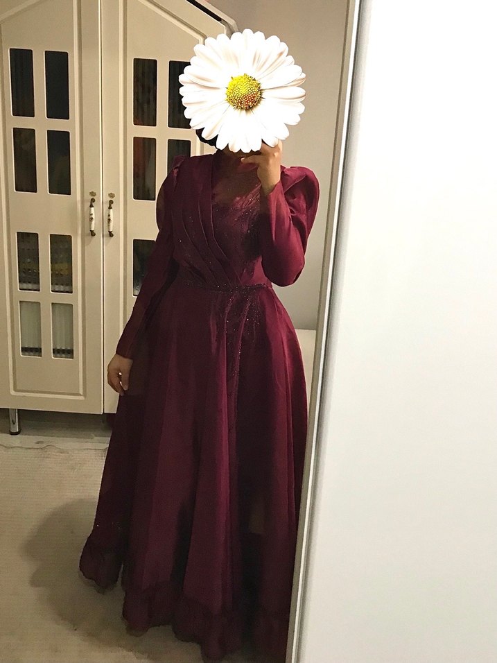 Bordo Uzun Vintage Kadın Abiye Elbise - Görsel 3