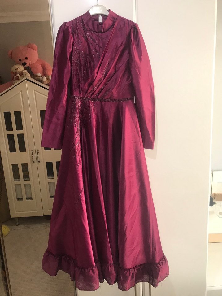 Bordo Uzun Vintage Kadın Abiye Elbise - Görsel 4