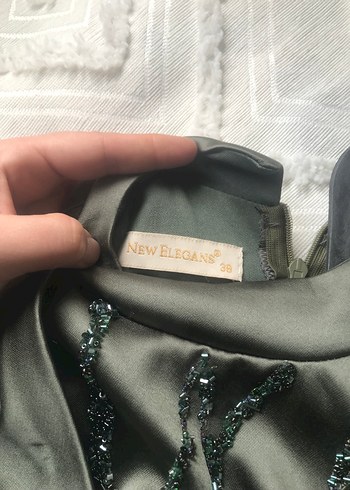 Uzun Kollu Etnik Desenli Gri Abiye Elbise - Görsel 5