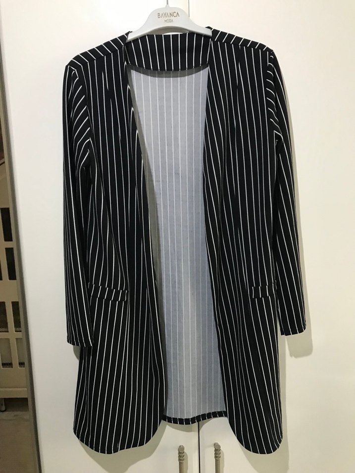 Çizgili Midi Kadın Blazer Ceket - Görsel 4