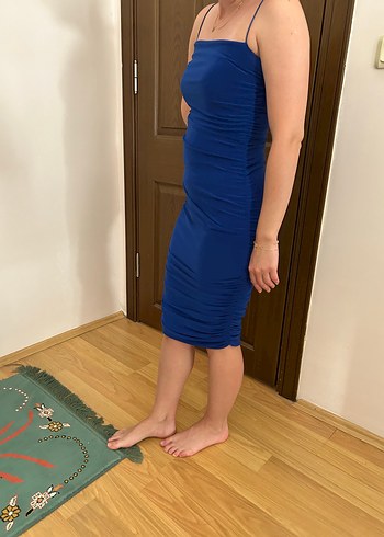 Mavi Drapeli Midi Straplez Elbise - Görsel 9