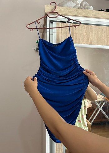 Mavi Drapeli Midi Straplez Elbise - Görsel 2