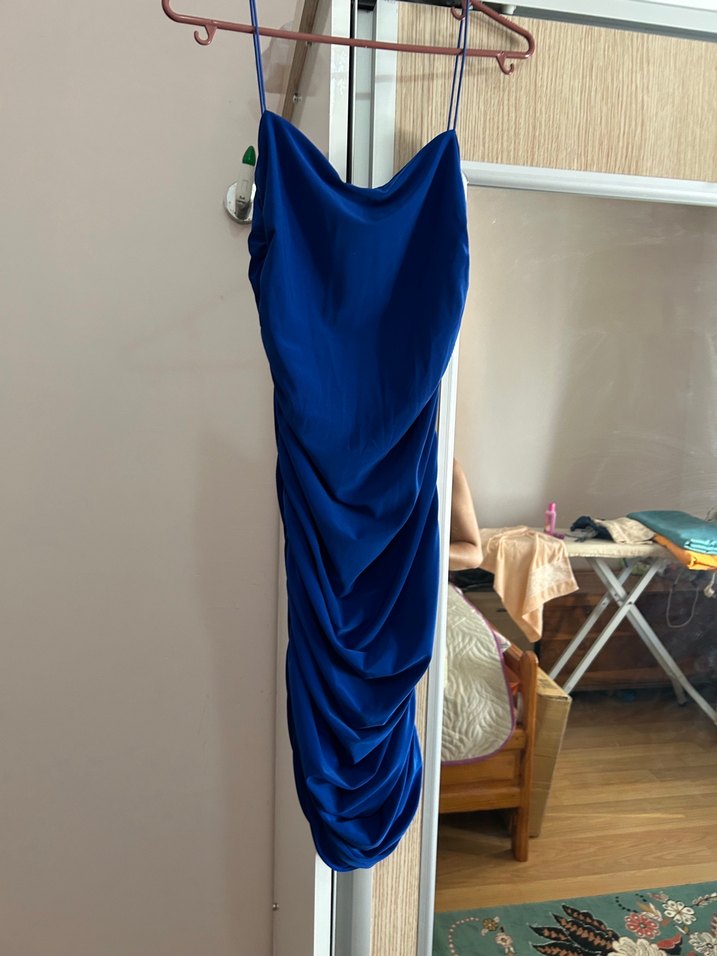 Mavi Drapeli Midi Straplez Elbise - Görsel 5