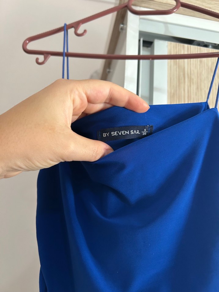 Mavi Drapeli Midi Straplez Elbise - Görsel 4