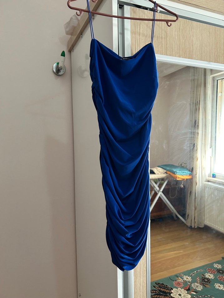 Mavi Drapeli Midi Straplez Elbise - Görsel 3