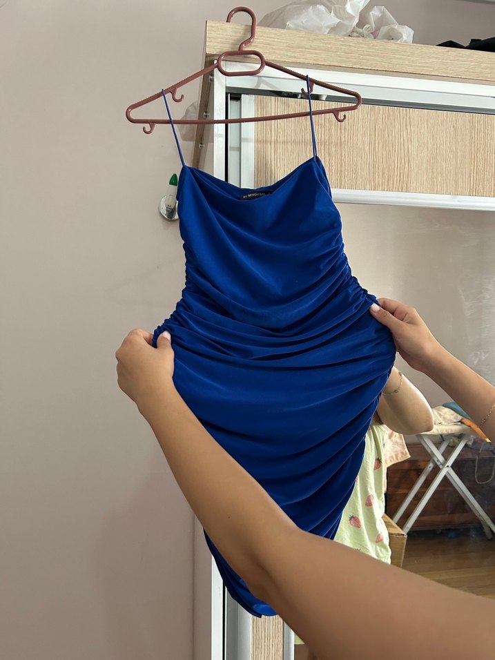 Mavi Drapeli Midi Straplez Elbise - Görsel 2
