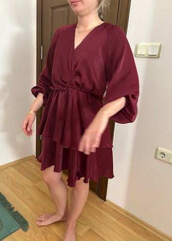 Bordo Parlak Midi Kadın Bohem Elbise - Görsel 11