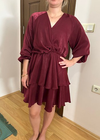 Bordo Parlak Midi Kadın Bohem Elbise - Görsel 10