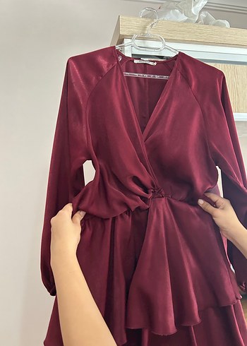 Bordo Parlak Midi Kadın Bohem Elbise - Görsel 3