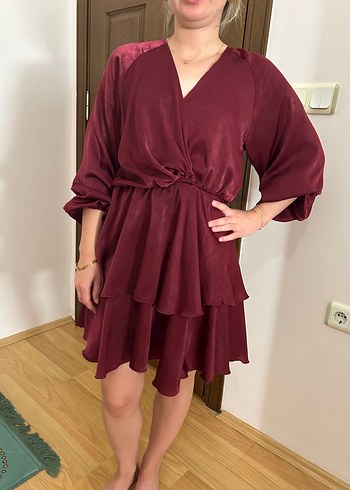 Bordo Parlak Midi Kadın Bohem Elbise - Görsel 9