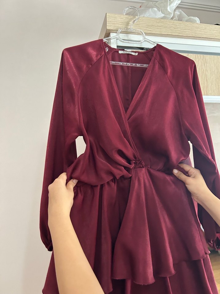 Bordo Parlak Midi Kadın Bohem Elbise - Görsel 3