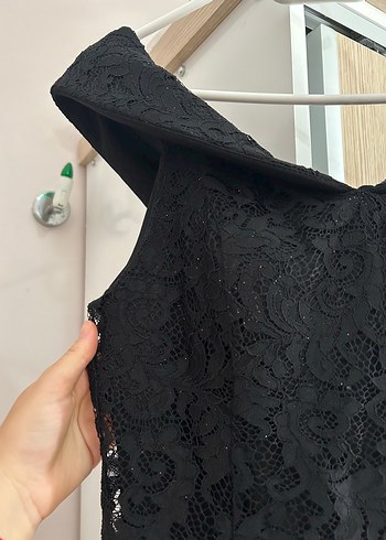 Siyah Dantel V Yakalı Midi Kadın Abiye Elbise - Görsel 3